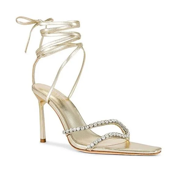 Raye Revik Gold High Heels Lace up sandals rhinestone shoes Revolve $198 sz 8.5