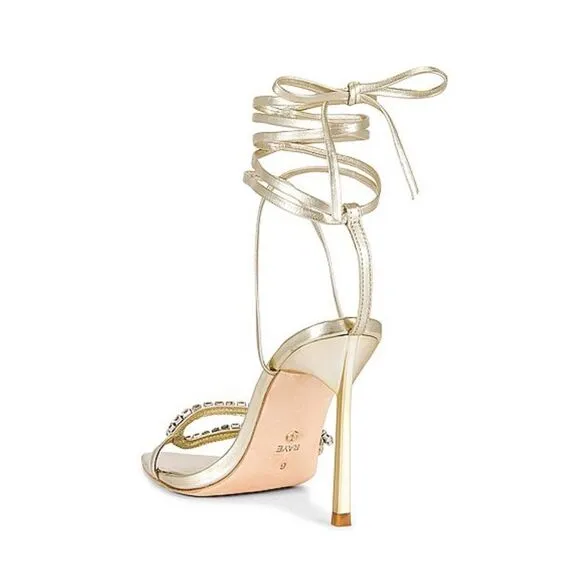 Raye Revik Gold High Heels Lace up sandals rhinestone shoes Revolve $198 sz 8.5
