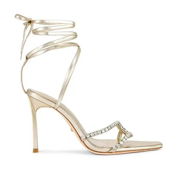 Raye Revik Gold High Heels Lace up sandals rhinestone shoes Revolve $198 sz 8.5