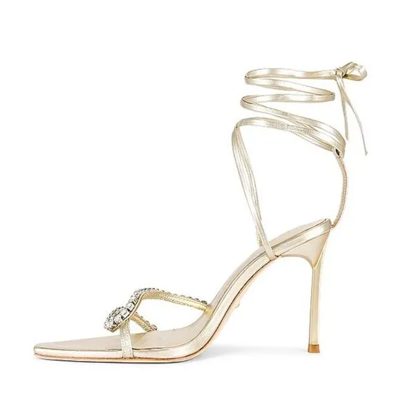 Raye Revik Gold High Heels Lace up sandals rhinestone shoes Revolve $198 sz 8.5