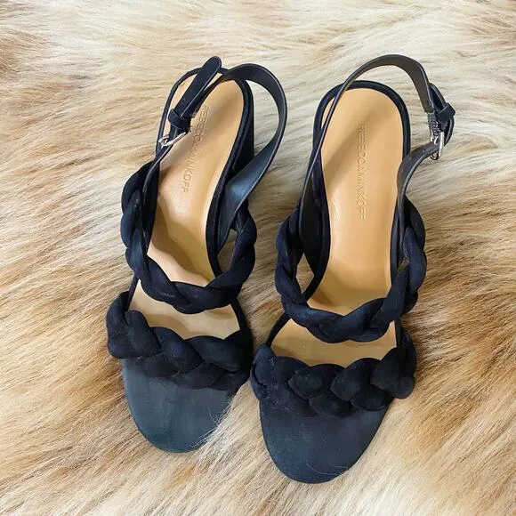 Rebecca Minkoff Candace Black Suede Braided Heeled Sandals Size 7.5