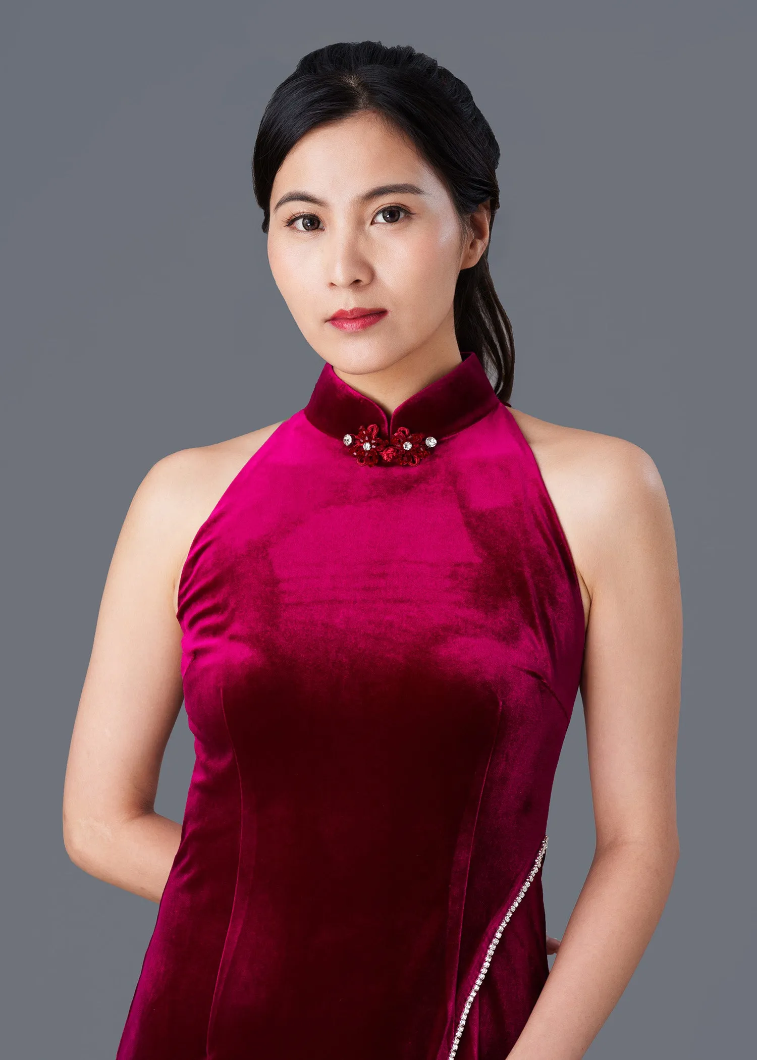 Red Swan Halter High Slit Qipao