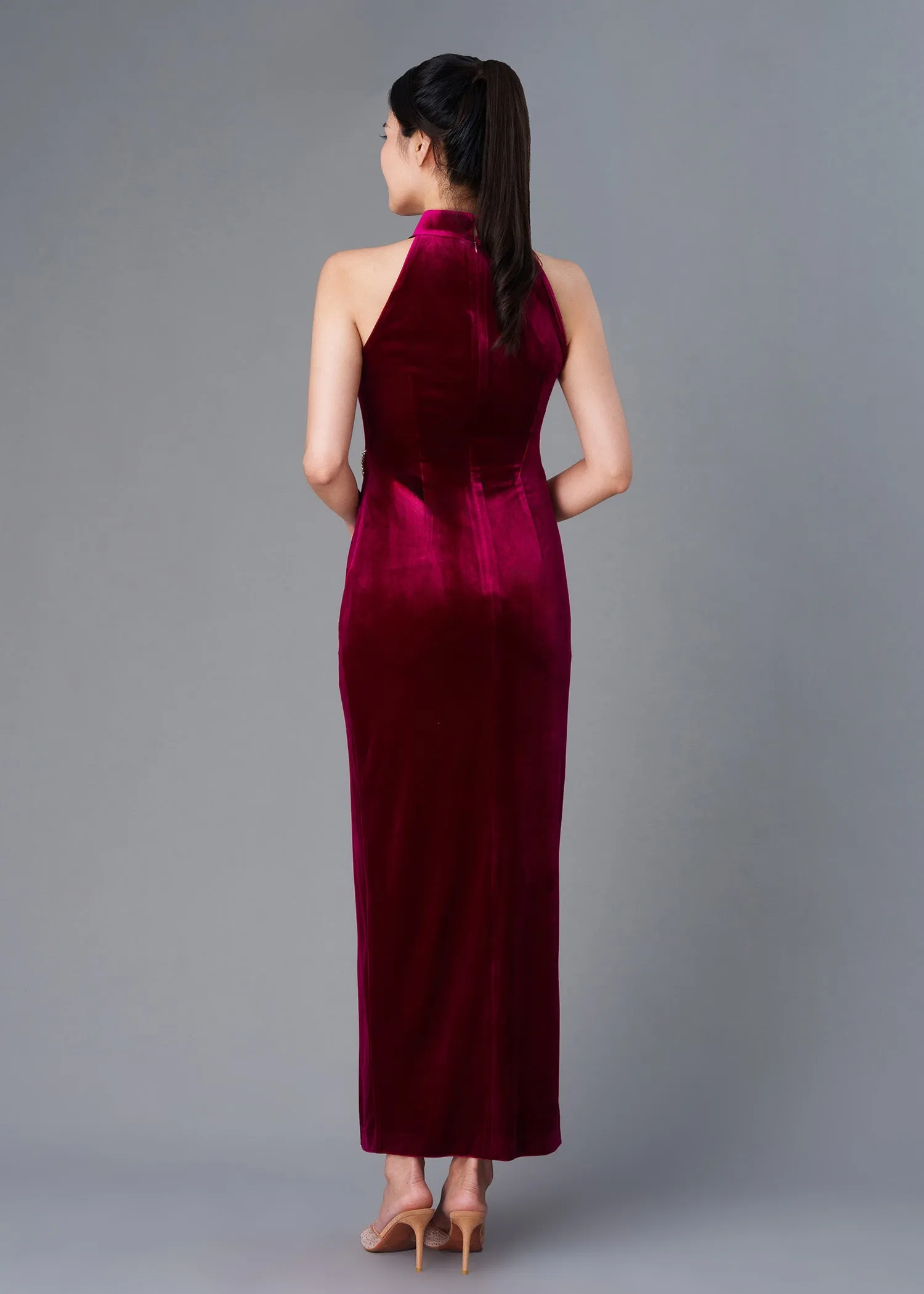 Red Swan Halter High Slit Qipao