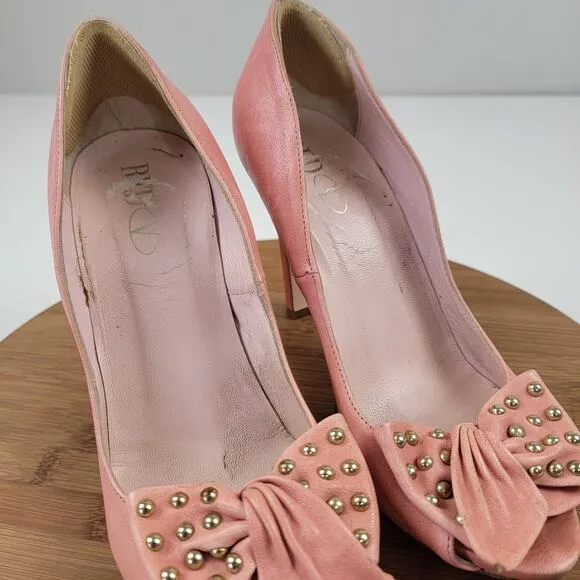 Red Valentino Pink Bow with Studded Peep Toe Heels Womens Size EU 38 US 7.5