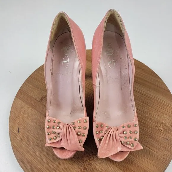 Red Valentino Pink Bow with Studded Peep Toe Heels Womens Size EU 38 US 7.5
