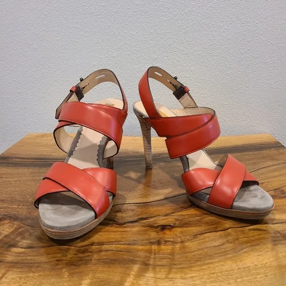 Reed Krakoff Boxer Red Strappy Stacked Heel Sandals