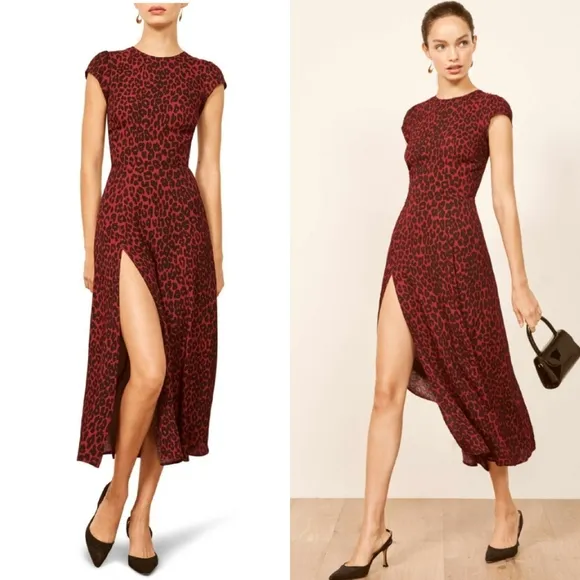Reformation Gavin Cheetah Print Midi Slit Cut Out Dress Red Black 6