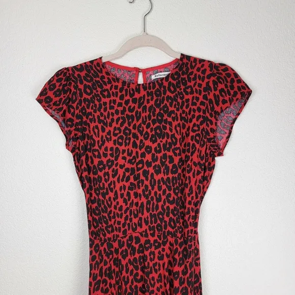 Reformation Gavin Cheetah Print Midi Slit Cut Out Dress Red Black 6