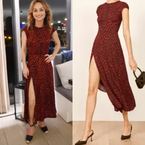 Reformation Gavin Cheetah Print Midi Slit Cut Out Dress Red Black 6