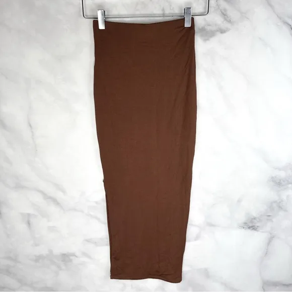 Revolve Re Ona Side Split Bodycon Midi Skirt High Waisted Stretch Knit Chocolate