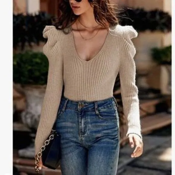 Rib Knit Long Puff Sleeve Jumper Top In Khaki