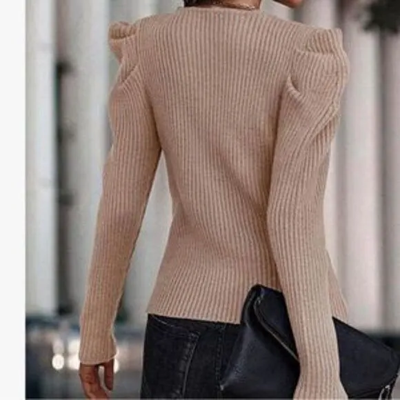 Rib Knit Long Puff Sleeve Jumper Top In Khaki