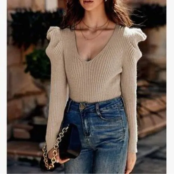 Rib Knit Long Puff Sleeve Jumper Top In Khaki