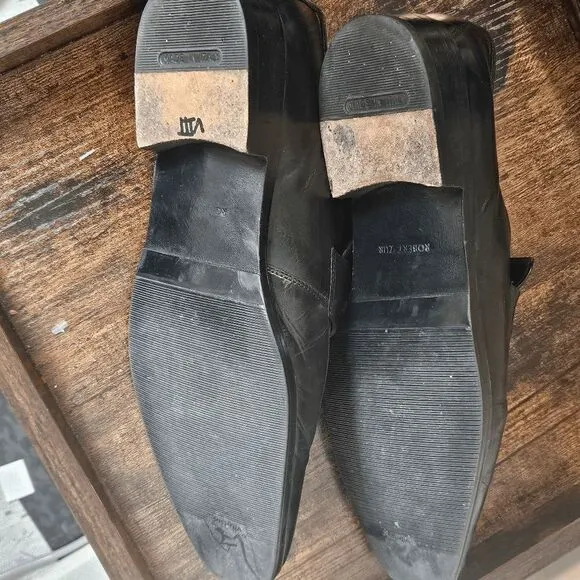 Robert Zur Dress Leather Loafer Slip on Silver Horsebit Shoes Men's Black Size 1