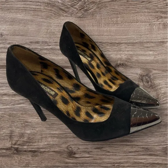 Roberto Cavalli Black Leather Metal Cap Toe Pumps Size 7 Black and Silver