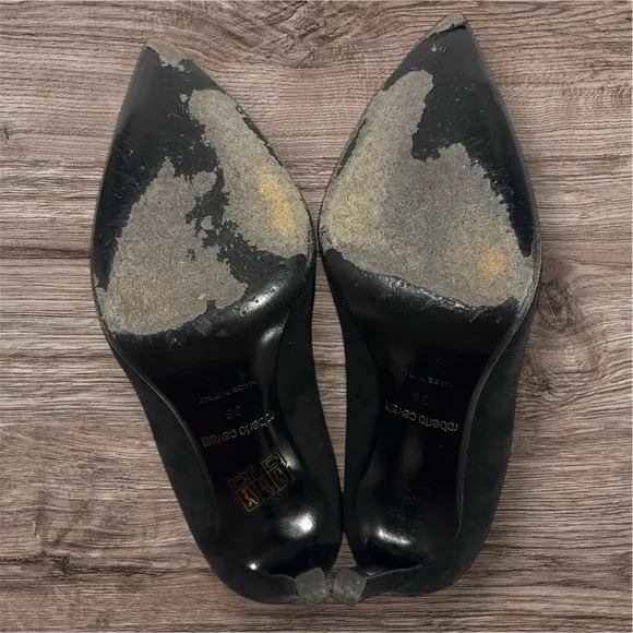 Roberto Cavalli Black Leather Metal Cap Toe Pumps Size 7 Black and Silver