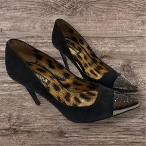 Roberto Cavalli Black Leather Metal Cap Toe Pumps Size 7 Black and Silver