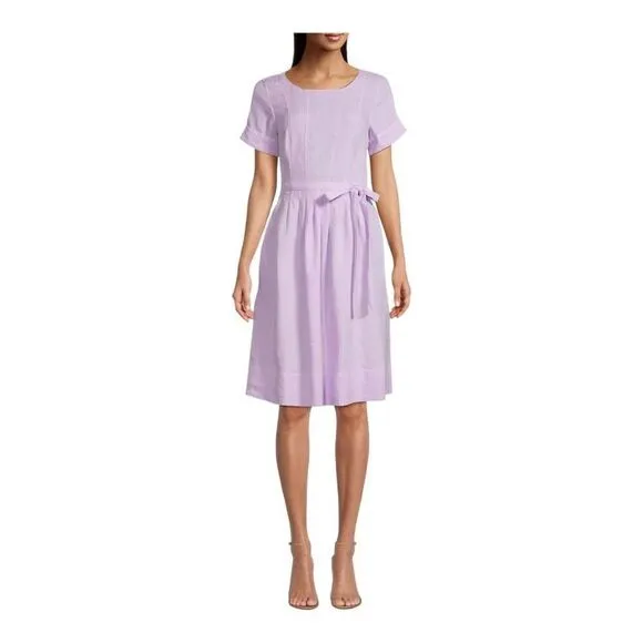 Rosso35 Purple Short Sleeved Linen Dress Size 4 (40)
