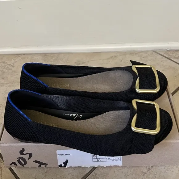 Rothy's Black Flats with Gold Buckle