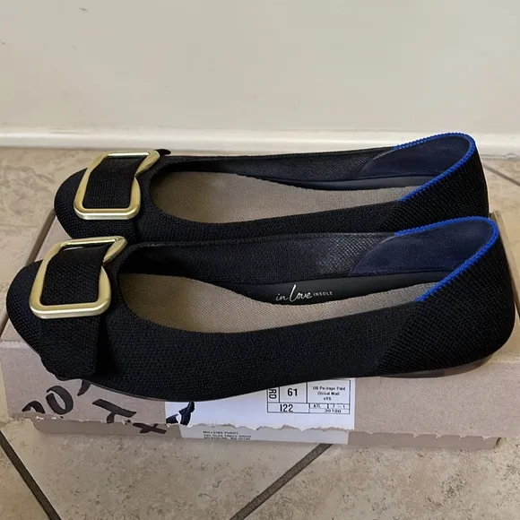 Rothy's Black Flats with Gold Buckle