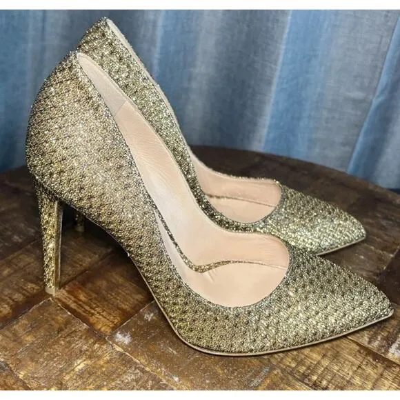 Rupert Sanderson London Rare New Gold Glitter Heels womens shoes US SIZE 7