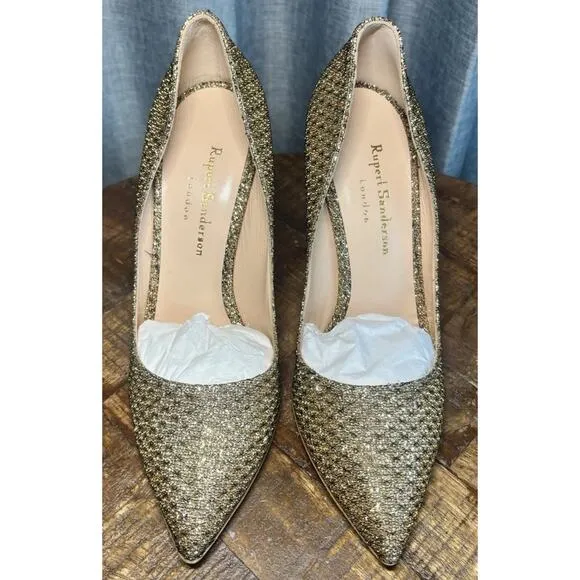 Rupert Sanderson London Rare New Gold Glitter Heels womens shoes US SIZE 7