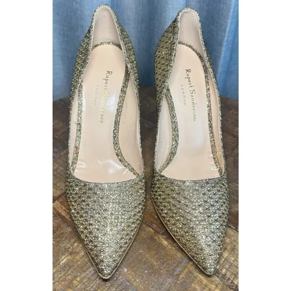 Rupert Sanderson London Rare New Gold Glitter Heels womens shoes US SIZE 7