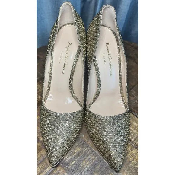 Rupert Sanderson London Rare New Gold Glitter Heels womens shoes US SIZE 7