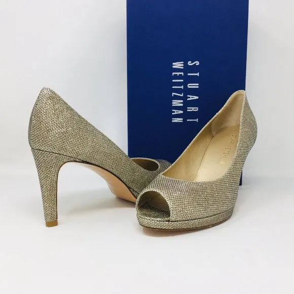 S. Weitzman Gld Silver Noir Platform Peep Toe Pump