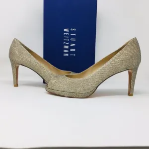S. Weitzman Gld Silver Noir Platform Peep Toe Pump