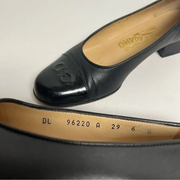 Salvatore Ferragamo Agile Pumps Black Leather Patent Cap Toe Low Heel Shoes 6 B