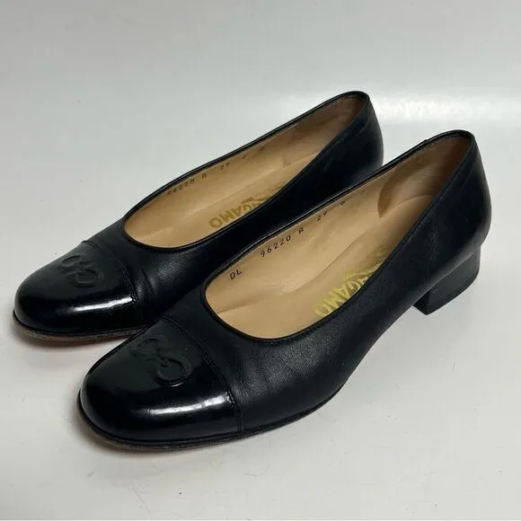 Salvatore Ferragamo Agile Pumps Black Leather Patent Cap Toe Low Heel Shoes 6 B