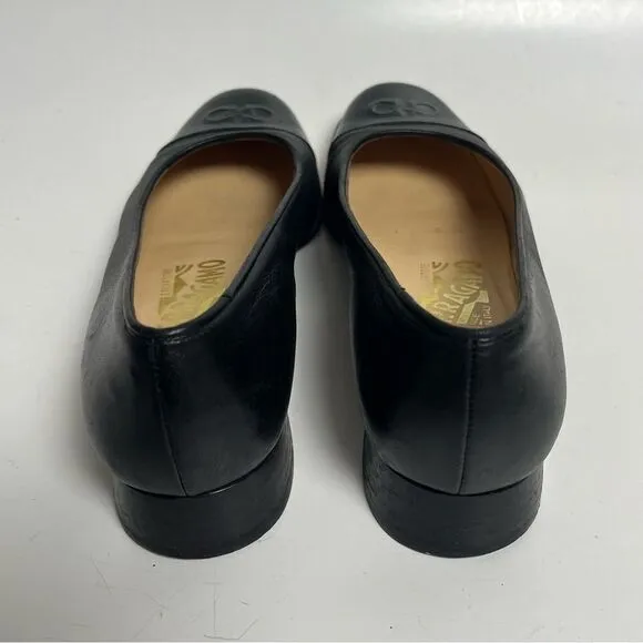 Salvatore Ferragamo Agile Pumps Black Leather Patent Cap Toe Low Heel Shoes 6 B