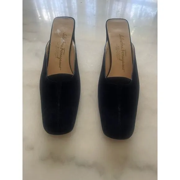 Salvatore Ferragamo Black Velvet Mules