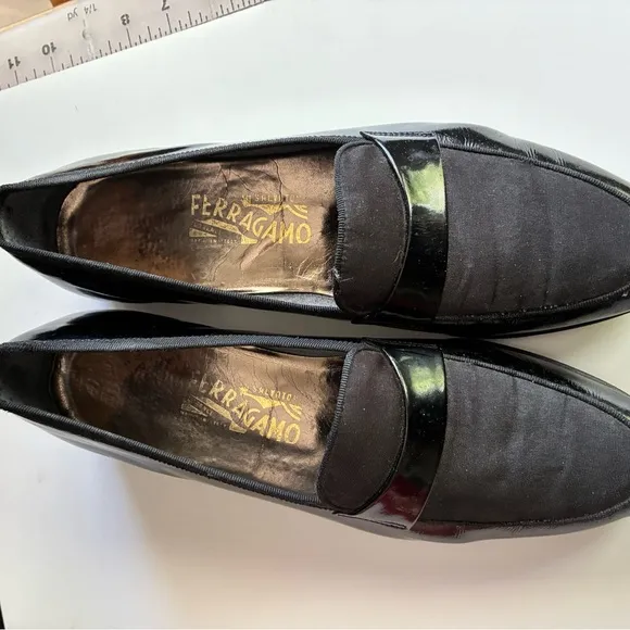 Salvatore Ferragamo Dean Tuxedo Dress Shoes Leather Loafers Black Mens 9 1/2 D