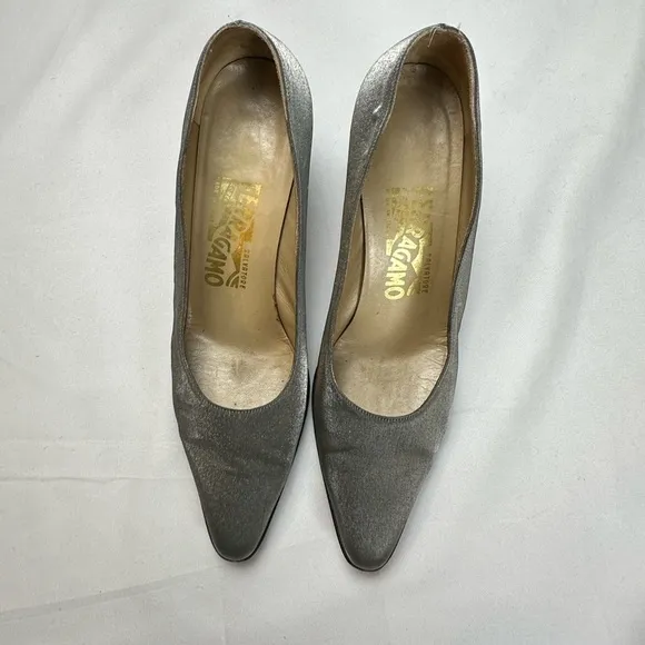 Salvatore Ferragamo Elegant Silver Women's Heels w/lace design (Size  7 1/2)