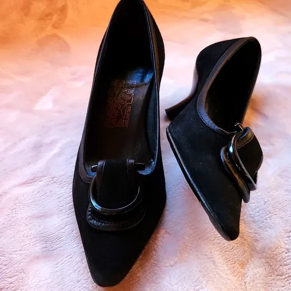 Salvatore Ferragamo Elegant Suede Black Kitten Heels with Buckle Detail (6)