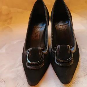 Salvatore Ferragamo Elegant Suede Black Kitten Heels with Buckle Detail (6)