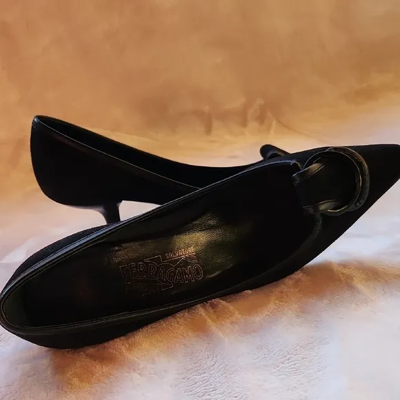 Salvatore Ferragamo Elegant Suede Black Kitten Heels with Buckle Detail (6)