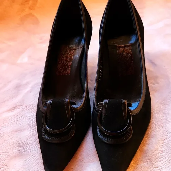 Salvatore Ferragamo Elegant Suede Black Kitten Heels with Buckle Detail (6)