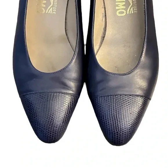 Salvatore Ferragamo Screened Leather Cap Toe Pumps Classic Vintage