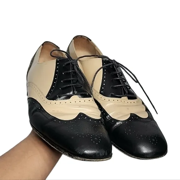 Salvatore Ferragamo SH 4204 B27 Black/Beige Low Heel Square Toe Oxford Shoes 10B