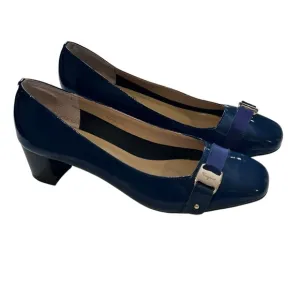 Salvatore Ferragamo Size 39 Pumps Patent Leather Block Heel Blue Square Toe