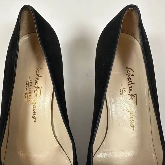 Salvatore Ferragamo 80s Pumps Heels Black Suede Tortoise Buckle Accent 7 1/2 B