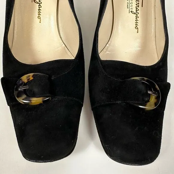 Salvatore Ferragamo 80s Pumps Heels Black Suede Tortoise Buckle Accent 7 1/2 B
