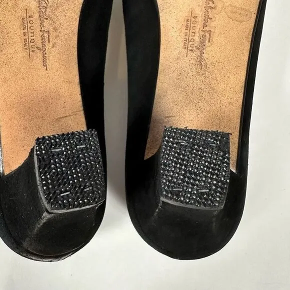 Salvatore Ferragamo 80s Pumps Heels Black Suede Tortoise Buckle Accent 7 1/2 B
