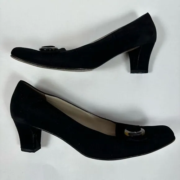 Salvatore Ferragamo 80s Pumps Heels Black Suede Tortoise Buckle Accent 7 1/2 B