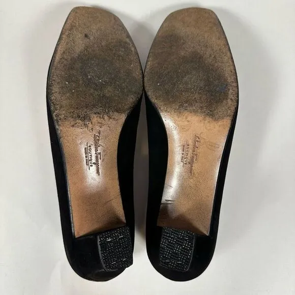 Salvatore Ferragamo 80s Pumps Heels Black Suede Tortoise Buckle Accent 7 1/2 B