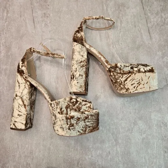 Sam Edelman Chunky Platform Heels Sz 9.5 Tan Gold Velvet Formal High Heel Shoes