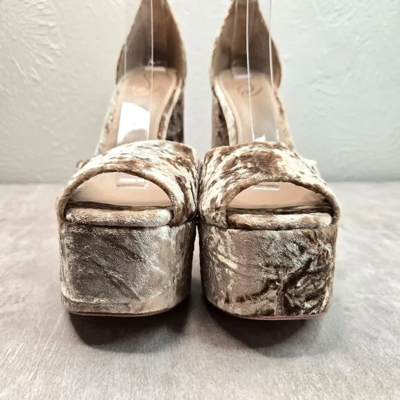 Sam Edelman Chunky Platform Heels Sz 9.5 Tan Gold Velvet Formal High Heel Shoes